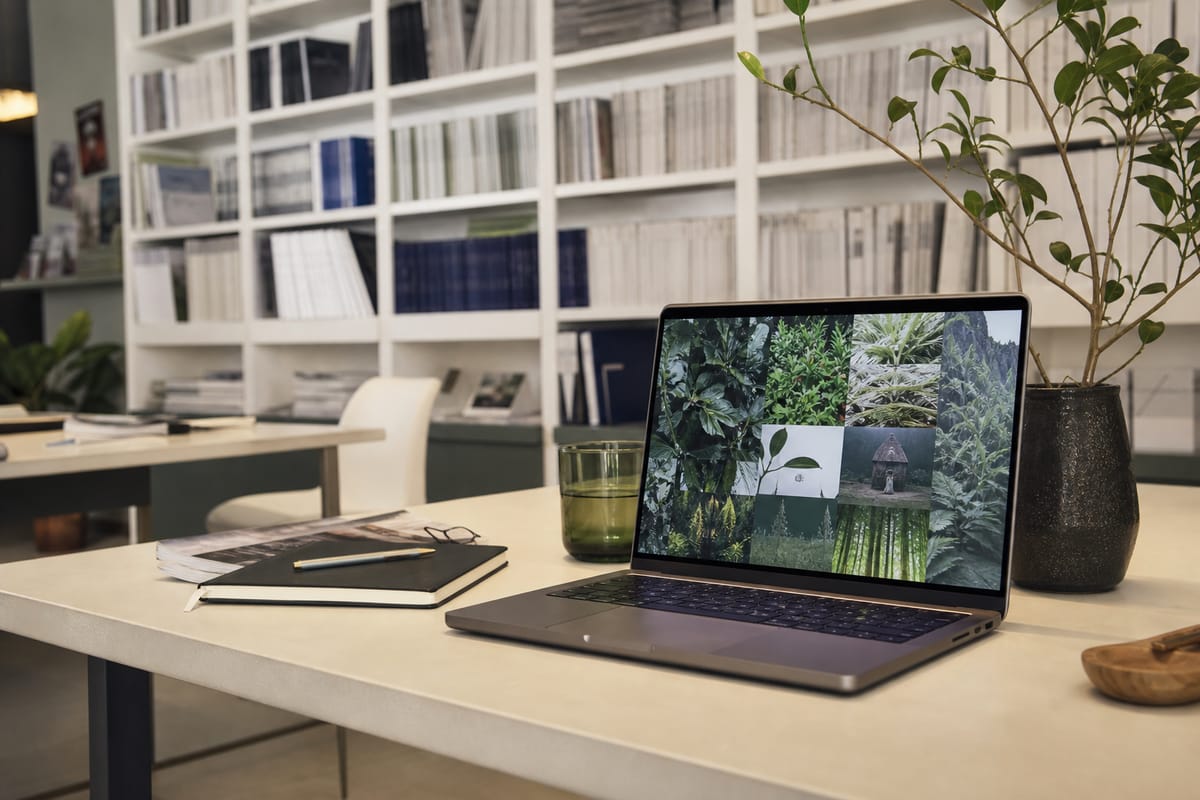 Studio éditorial lumineux avec des archives de magazines et un écran présentant des contenus persistants.